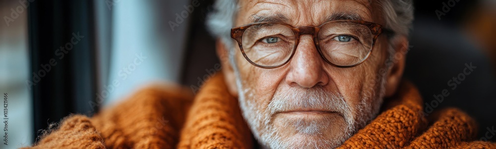 Older man with glasses and a scarf looking out a window Older man with glasses and a scarf looking out a window
