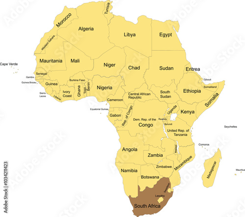 Detailed national location map of SOUTH AFRICA within the great continent of Africa