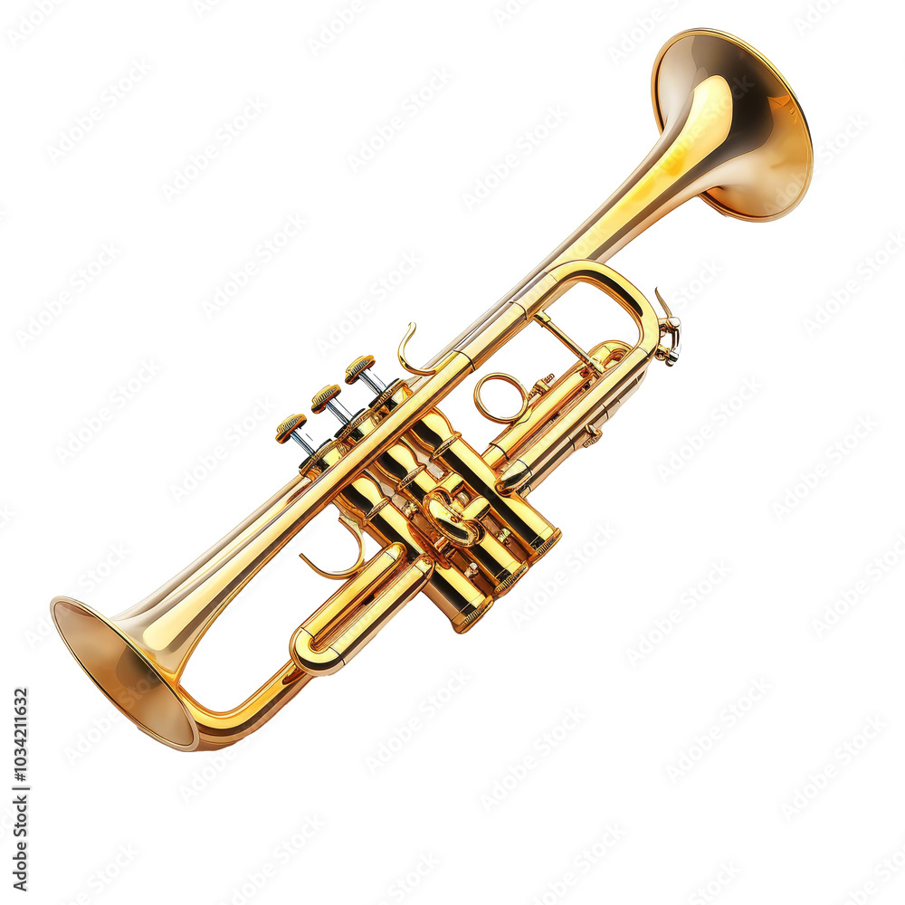 Obraz premium A shiny gold tuba resting on a white surface, showcasing its intricate design and craftsmanship in a bright, well-lit setting