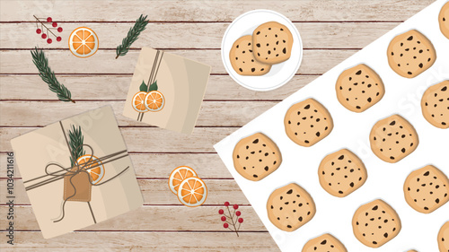 Baking christmas cookies illustration. Christmas Baking Scene with Gifts. Handmade gift and cookies. Eco-friendly christmas. Sustainable wrapping and cooking. Green christmas.