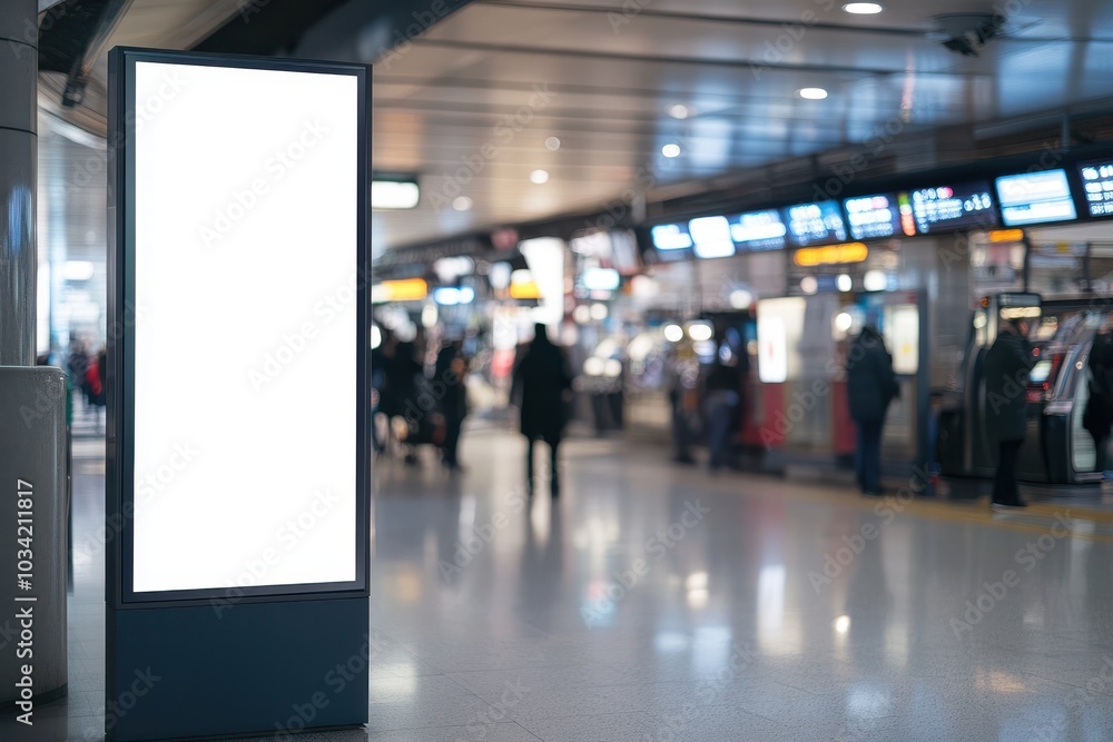 Empty vertical digital billboard in a busy transportation hub Empty vertical digital billboard in a busy transportation hub