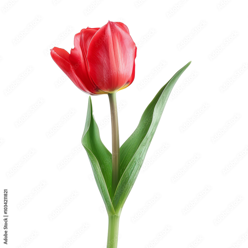A single vibrant red tulip stands tall against a minimalistic transparent background highlighting its delicate petals and green leaves A single vibrant red tulip stands tall against a minimalistic transparent background highlighting its delicate petals and green leaves
