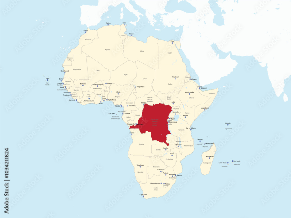 Obraz premium Detailed national location map of DR CONGO within the great continent of Africa
