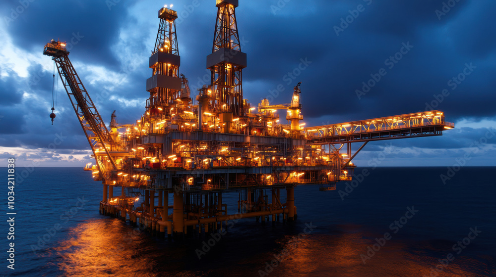 Night scene of oil rig with automated monitoring, illuminated beautifully Night scene of oil rig with automated monitoring, illuminated beautifully