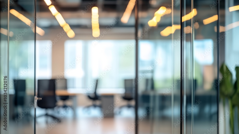 Modern office interior with glass walls and blurred workspace in the background. Modern office interior with glass walls and blurred workspace in the background.