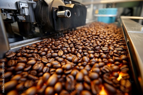 Green coffee beans roasting inside a drum roaster, with heat radiating from the machinery