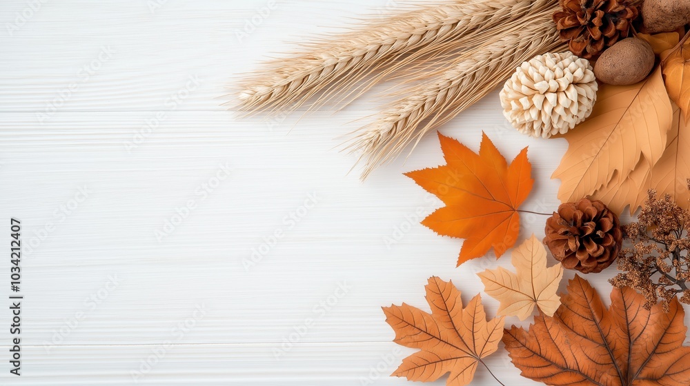 Fototapeta premium Autumn leaves and pinecones on white wooden background
