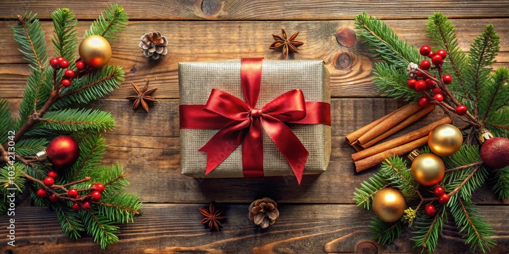 A Golden Gift Box Adorned with a Red Bow Rests on a Rustic Wooden Surface Surrounded by Festive Holiday Decorations A Golden Gift Box Adorned with a Red Bow Rests on a Rustic Wooden Surface Surrounded by Festive Holiday Decorations