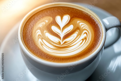 Hyper-detailed latte art on a cup of cappuccino, with a leaf pattern shining perfectly