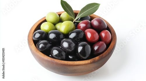 Vibrant Olive Medley in Wooden Bowl, an enticing assortment of black, green, and red olives adorned with fresh leaves, elegantly presented against a clean white backdrop.