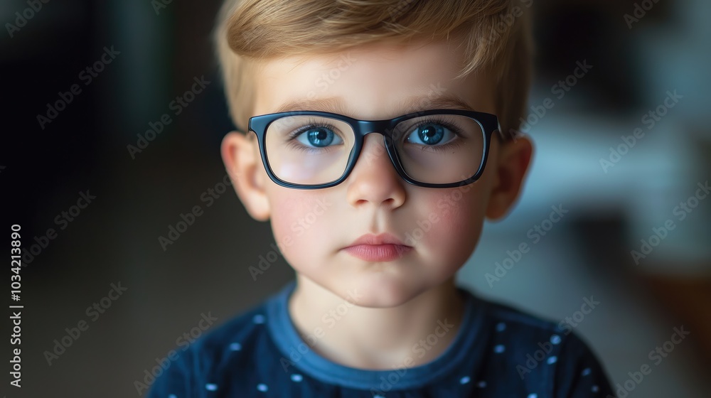 Face of a cute little boy with blue eyes in vision glasses. Close-up. Face of a cute little boy with blue eyes in vision glasses. Close-up.