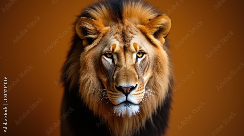 Fototapeta premium A close-up portrait of a male lion showcases its majestic features, with a flowing mane that radiates a golden hue.