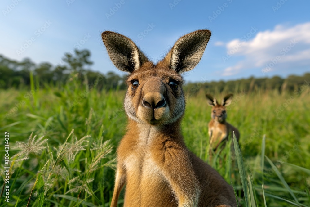 Kangaroos hopping through Australian grasslands, under a vast blue sky Kangaroos hopping through Australian grasslands, under a vast blue sky