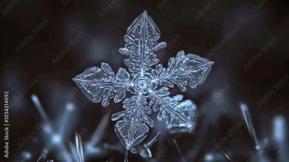 A detailed close-up of a delicate and intricate snowflake with six symmetrical points and intricate crystal patterns. A detailed close-up of a delicate and intricate snowflake with six symmetrical points and intricate crystal patterns.