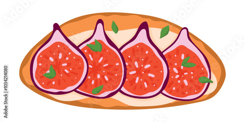 Bruschetta Italian Cuisine Appetizer. Open Sandwich with Grilled Bread Topped with Fig, Cream Cheese and Herbs. Isolated Vector Illustration on White Background