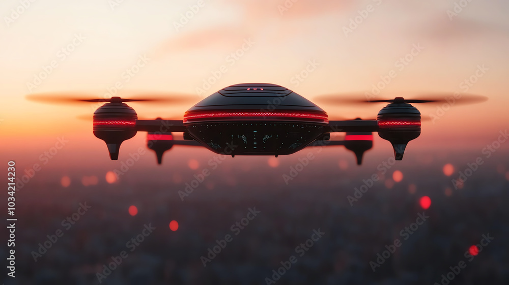 Drone in urban sunset sky, aerial view Drone in urban sunset sky, aerial view