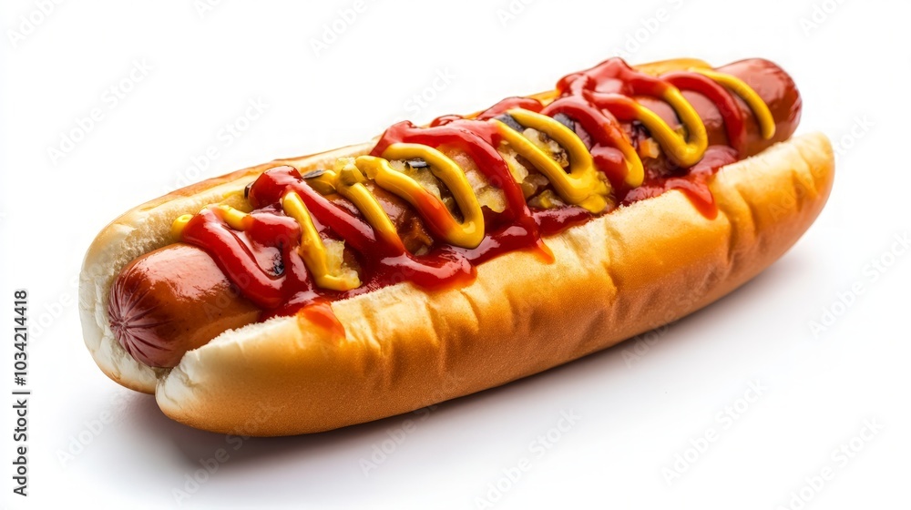 Gourmet Hot Dog with Ketchup and Mustard, a mouthwatering blend of savory sausage, tangy ketchup, and zesty mustard, presented on a clean white background for emphasis. Gourmet Hot Dog with Ketchup and Mustard, a mouthwatering blend of savory sausage, tangy ketchup, and zesty mustard, presented on a clean white background for emphasis.