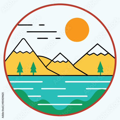 landscape nature lake sun and mountains line and fill icon vector