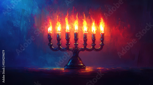 Celebrating Chanukah as the Jewish Festival of Lights with a Glowing Menorah photo