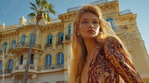 A young woman poses confidently in front of an elegant building under a clear blue sky in a sunny location