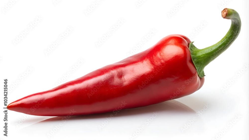 A single red chili pepper with a green stem lying on a white surface, highlighting its vibrant color and spicy flavor A single red chili pepper with a green stem lying on a white surface, highlighting its vibrant color and spicy flavor