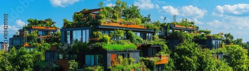 Modern house with green roof and sky background