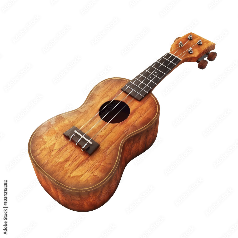Fototapeta premium A beautifully crafted wooden ukulele resting on a white surface highlighting its strings and design