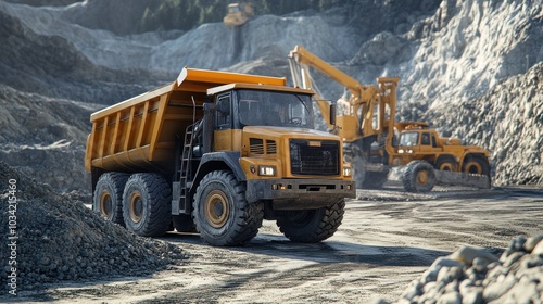 A construction site featuring heavy machinery, including a dump truck and loader, in operation.