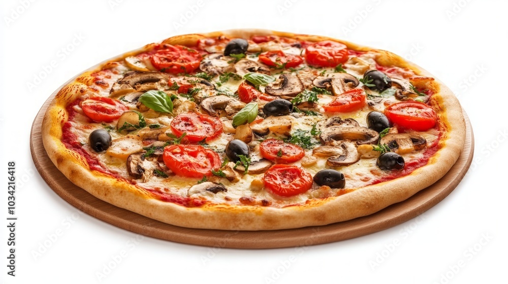 Savory vegetarian pizza featuring fresh champignon mushrooms, ripe tomatoes, creamy mozzarella, vibrant peppers, and tangy black olives on a pristine white backdrop Savory vegetarian pizza featuring fresh champignon mushrooms, ripe tomatoes, creamy mozzarella, vibrant peppers, and tangy black olives on a pristine white backdrop