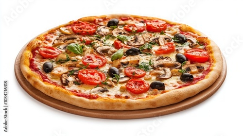 Savory vegetarian pizza featuring fresh champignon mushrooms, ripe tomatoes, creamy mozzarella, vibrant peppers, and tangy black olives on a pristine white backdrop