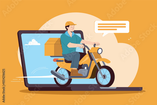 Delivery man with motorcycle coming out of laptop screen, concept of delivery and online shopping. photo