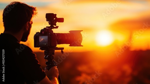 Photographer capturing a blurry sunset with a camera on a tripod. photo