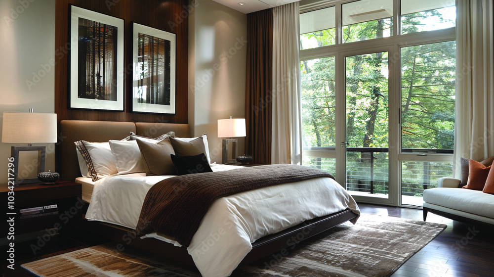 A transitional bedroom with deep, rich colors on the accent wall, featuring a dark wood bed frame with soft cream-colored linens, and large windows allowing plenty of light. A transitional bedroom with deep, rich colors on the accent wall, featuring a dark wood bed frame with soft cream-colored linens, and large windows allowing plenty of light.