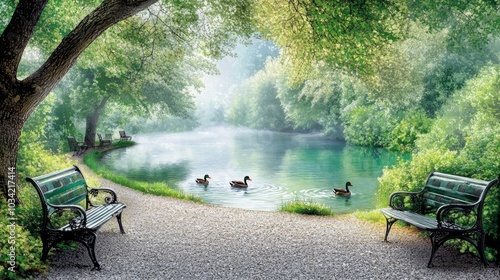 A tranquil pond with ducks swimming amidst a lush forest.