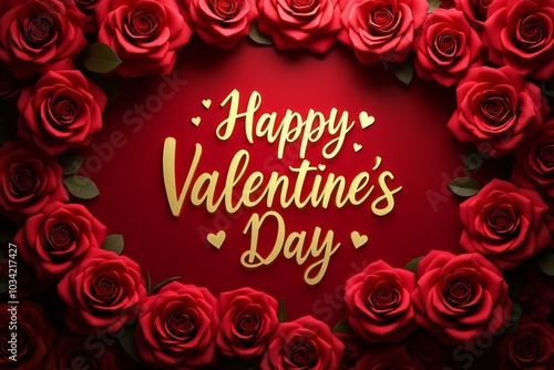 Romantic valentine's day card design with red roses and heart decorations.