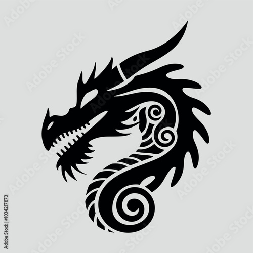 Dragon face silhouette, logo, emblem, white background.