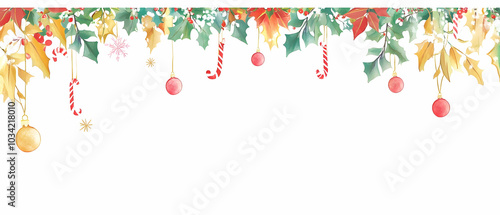 A festive border featuring holiday decorations like holly, ornaments, and candy canes.