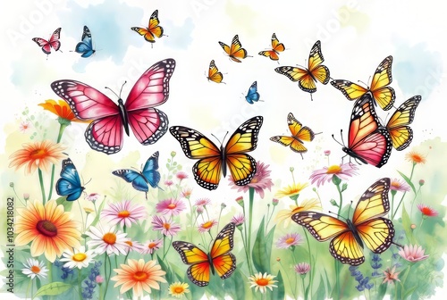 _. Watercolor Butterfly Garden A bustling garden scene with vari