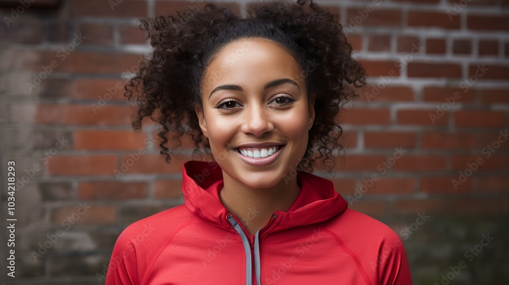 A young woman with curly hair smiles brightly while wearing a red hoodie. A young woman with curly hair smiles brightly while wearing a red hoodie.