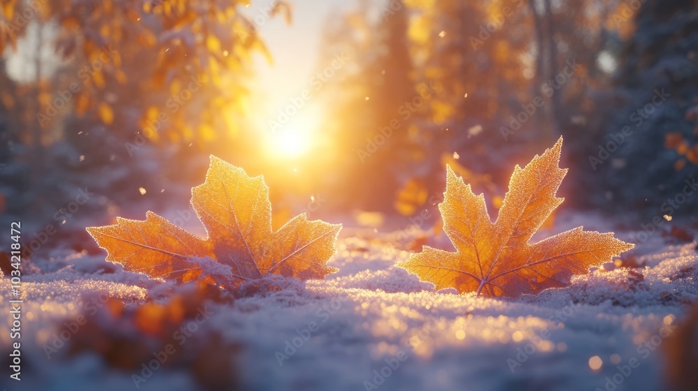 Two golden maple leaves in a snowy forest at sunset. Two golden maple leaves in a snowy forest at sunset.