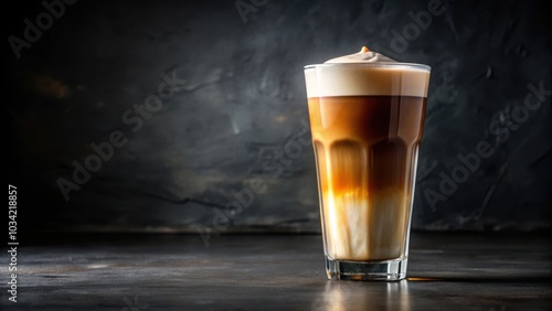 A Refreshing Iced Coffee with a Creamy Foam Topping, Perfectly Served in a Glass on a Dark Wooden Table