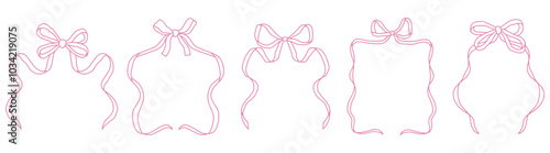 Frames with pink bows and ribbons in coquette aesthetics. Monochrome сlip art graphic for greeting cards, wedding invitations, posters. Hand-drawn illustration.