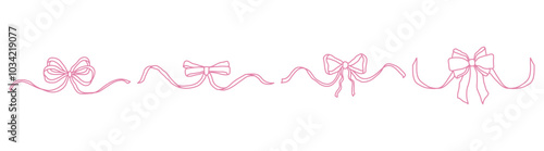 Pink bows and ribbons in coquette aesthetics. Monochrome сlip art graphic for greeting cards, wedding invitations, posters. Hand-drawn illustration.