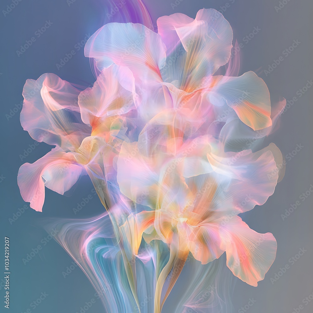 A soft, ethereal depiction of colorful flowers with flowing, translucent petals against a gentle background. A soft, ethereal depiction of colorful flowers with flowing, translucent petals against a gentle background.
