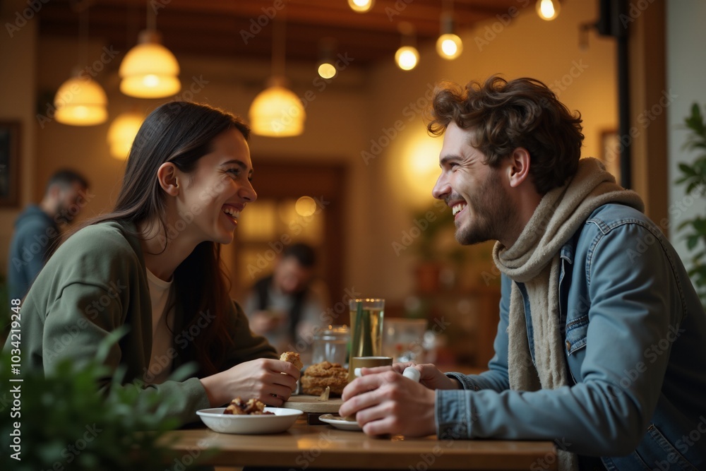 Cozy café encounter: friends enjoying coffee and laughter in a warm atmosphere. Cozy café encounter: friends enjoying coffee and laughter in a warm atmosphere.