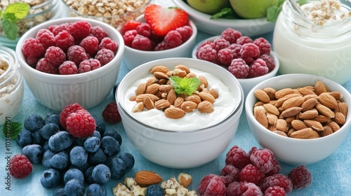 A vibrant assortment of healthy snacks including yogurt, nuts, and fresh berries.