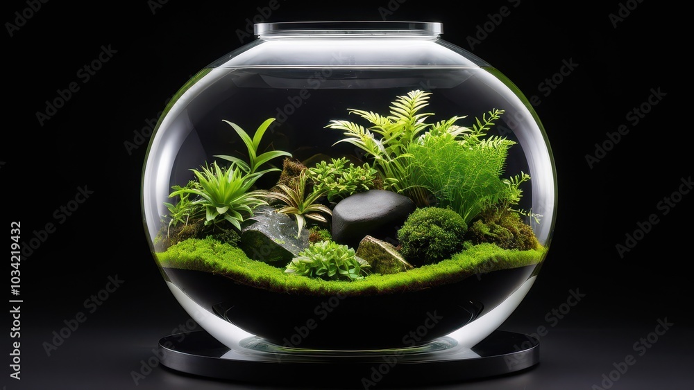A vibrant mini terrarium featuring succulents and moss, set against a black background. Black background vivarium A vibrant mini terrarium featuring succulents and moss, set against a black background. Black background vivarium