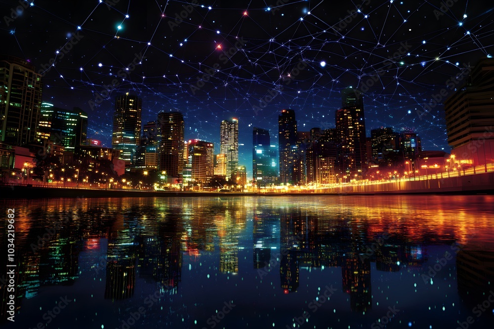 Fototapeta premium Nighttime Cityscape with Connected Lights Reflecting in Water
