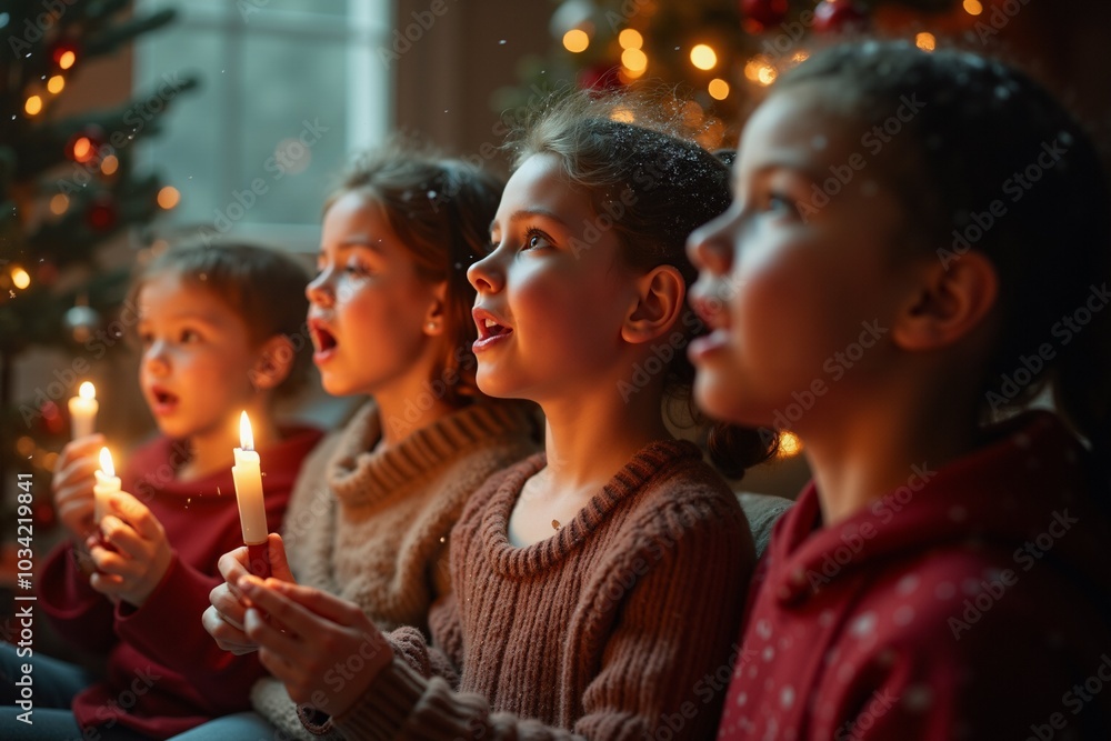 Cozy winter evening with children singing by candlelight during christmas celebration. Cozy winter evening with children singing by candlelight during christmas celebration.