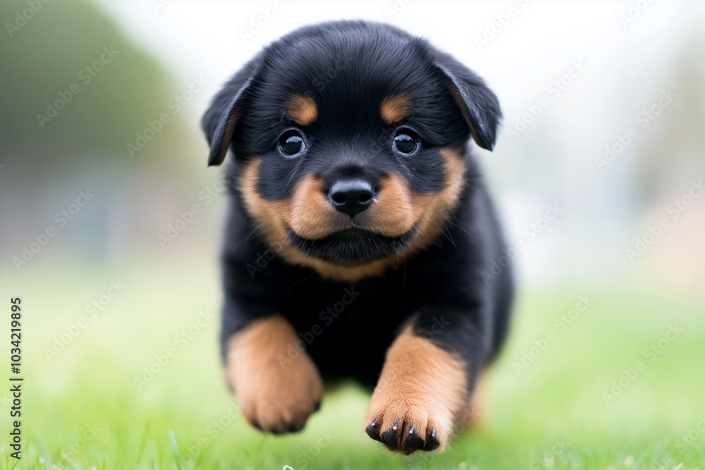 A playful Rottweiler puppy joyfully runs towards the camera in a sunny green park A playful Rottweiler puppy joyfully runs towards the camera in a sunny green park